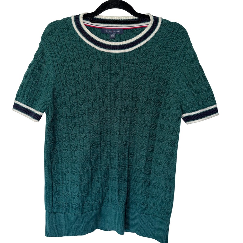 Tommy Hilfiger Womens XL Green Cable Knit Short Sleeve Sweater NWT